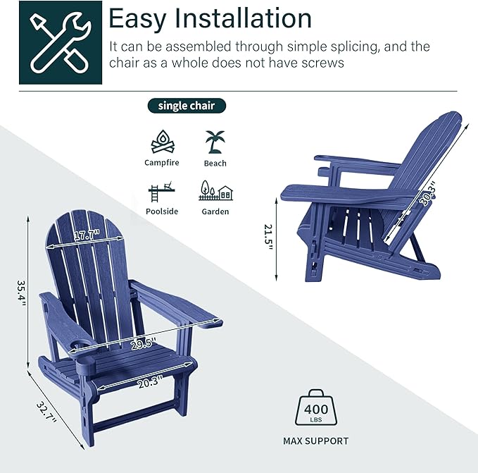 Weather-Resistant Adirondack Chair, Navy Blue HDPE Outdoor Patio Chairs with Cup Holder, Fire Pit Chairs & Outdoor Seating