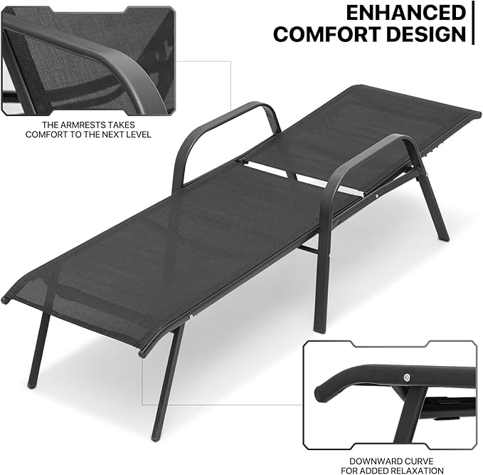 MoNiBloom Outdoor Black Lounge Chairs Set of 2, 5 Levels Adjustable Backrest Pool Lounge Chairs Breathable All Weather Metal Frame Sunbathing Recliner for Patio, Beach, Yard, Pool, 350 Lbs Capacity