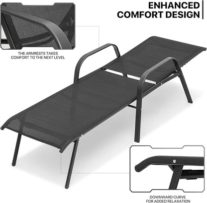 MoNiBloom Outdoor Black Lounge Chairs Set of 2, 5 Levels Adjustable Backrest Pool Lounge Chairs Breathable All Weather Metal Frame Sunbathing Recliner for Patio, Beach, Yard, Pool, 350 Lbs Capacity