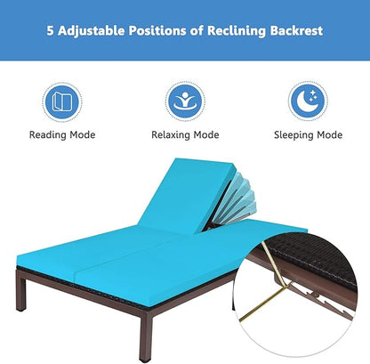 DORTALA 2-Person Patio Rattan Recliner Chair W/Wheels, Double Wicker Daybed Chaise Lounge Chair with Adjustable Backrest, Outdoor Furniture Conversation Set for Garden Lawn, Turquoise