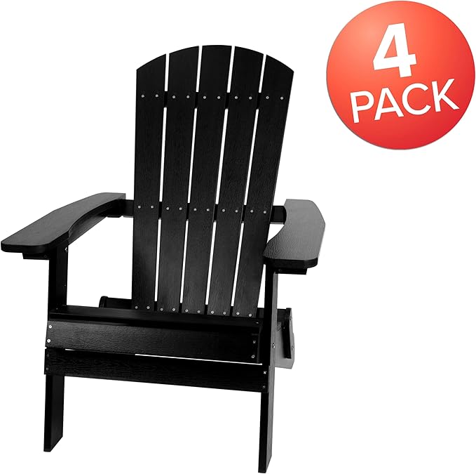 Flash Furniture Charlestown Folding Adirondack Chair - Black - Poly Resin - Indoor/Outdoor - Weather Resistant - Set of 4