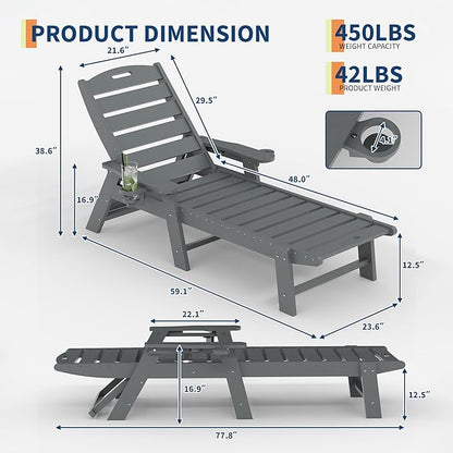 HDPE 5-Position Patio Lounge Chair for Outside Set of 2, HDPE Chaise Lounge Outdoor with Cup Holder, Resin Pool Lounger Chair