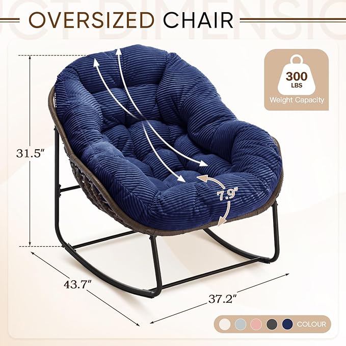 Large Indoor Rocking Chair Set of 2, Oversized Rocking Papasan Chair with Thick Cushion and Frame,Comfy Corduroy Rocker Wicker Egg Chairs Lounge Reading Chair for Living Room, Bedroom, Navy Blue