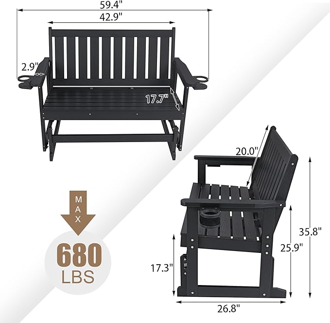 Poly Lumber Patio Glider, Durable HIPS Material, Weather-Resistant Swing Bench for Outdoor Porch Garden (Black - Photo 2