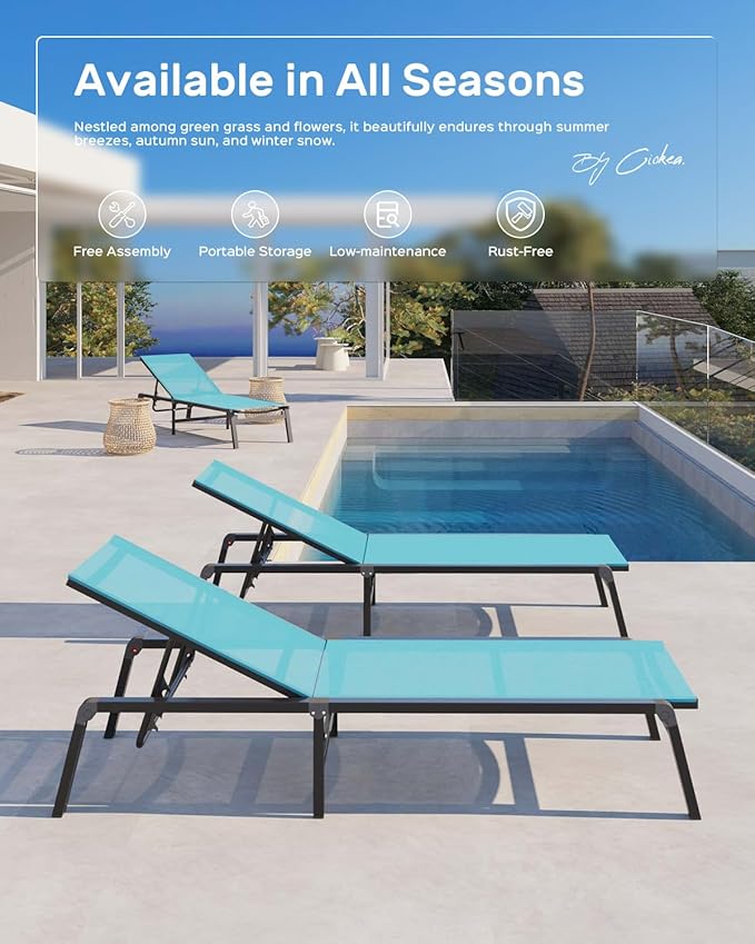 Patio Chaise Lounge Chair Set of 4, Foldable Lounge Chair for Outside, Aluminum Chairs with 5 Adjustable Backrest, Outdoor Pool Lounger for Poolside, Lawn, Patio, Lake Blue
