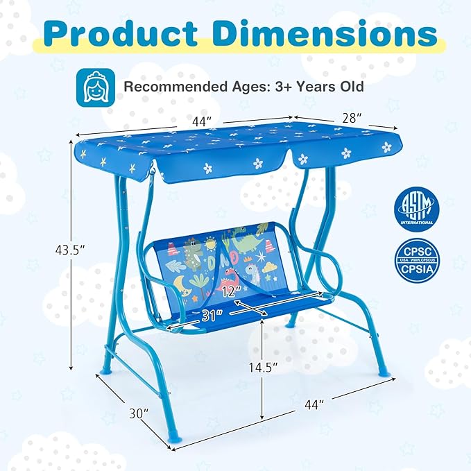 Costzon Kids Porch Swing, All-Weather Patio Swing Bench Hammock w/Adjustable Canopy & Safety Belts for 2 Children - Photo 6