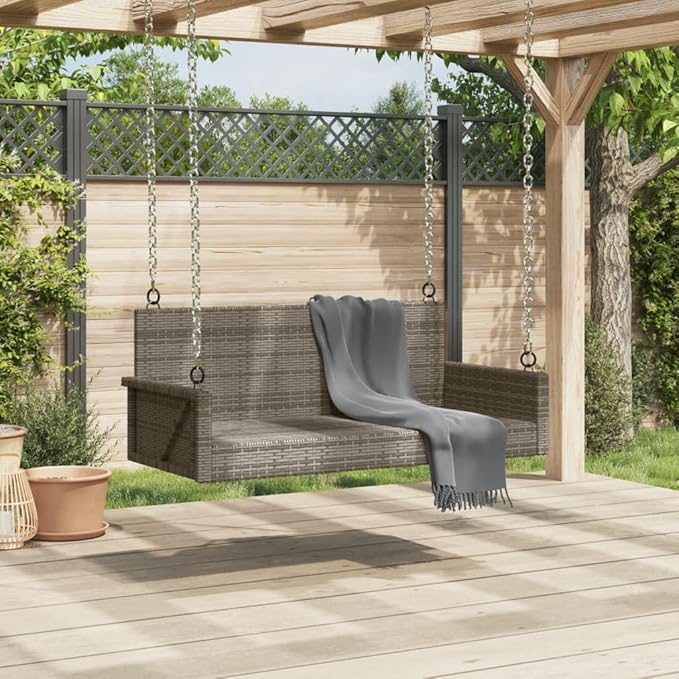 Grey Poly Rattan Swing Bench 46.9 x 22.0 in Durable Outdoor Furniture with UV-Resistant Materials and Powder-Coated Steel Frame for Patio Garden Relaxation