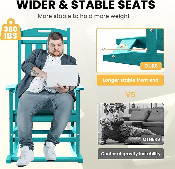 LOUNZY Outdoor Rocking Chair, HDPE Patio Rocking Chair with Footboard for Adults, All Weather Heavy Duty Front Porch Rocker, Aruba