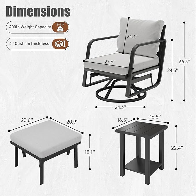 Patio Glider Swivel Rocker Sets: 5Pieces Aluminum Alloy Ensemble with 360° Swivel Rocking Glider Chairs, Rust-Resistant Frame Gray Cushions -Perfect for Decoration (2 Glider chairs& 2Ottomans+1Table)