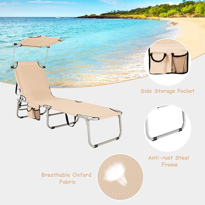 Tangkula Outdoor Folding Chaise Lounge Chair, 5-Fold Reclining Beach Chair, Patio Recliner Chair w/ 360° Canopy Shade & Side Storage Pocket, Portable Chaise Lounge for Beach, Sunbathing (2, Beige)