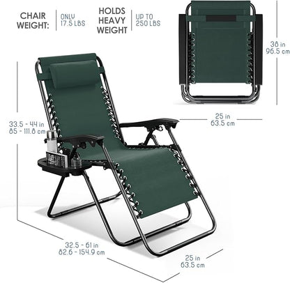 Nestl Zero Gravity Chairs Set of 4, Patio Lounge Chair Outdoor with Pillows & Cup Holder Trays, Adjustable Steel Mesh Reclining Camping Chair, Folding Patio Lawn Chair for Deck, Beach - Forest Green