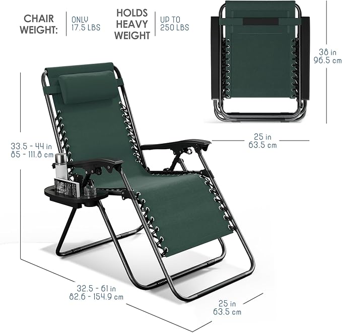 Nestl Zero Gravity Chairs 1 Pk, Portable Patio Lounge Outdoor with Pillows & Cup Holder Trays, Adjustable Steel Lawn Chair for Deck, Beach - Forest Green