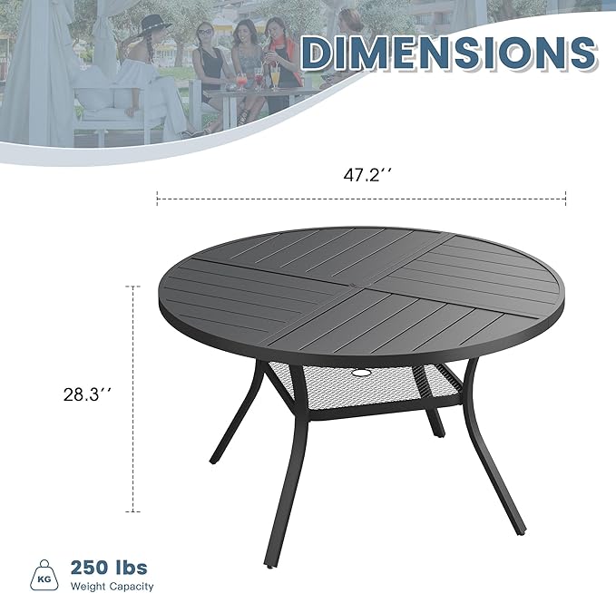 DIFY 47.2" Round Outdoor Patio Dining Table for 6, Metal Patio Table with 1.57" Adjustable Umbrella Hole, All-Weather Outdoor Furniture Table for Garden Backyard Deck, Black