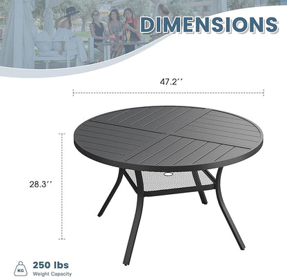DIFY 47.2" Round Outdoor Patio Dining Table for 6, Metal Patio Table with 1.57" Adjustable Umbrella Hole, All-Weather Outdoor Furniture Table for Garden Backyard Deck, Black