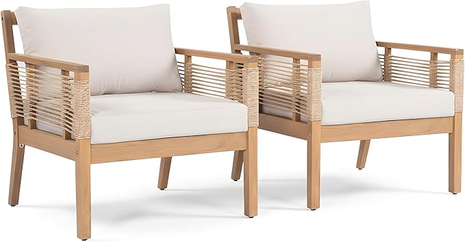 Merax Acacia Wood Patio Club Chairs Set of 2 for Outdoor, Hand-Woven Twist Rope Adirondack Style for Backyard Poolside, Outdoor Chairs with Beige Cushions, 400lbs Capacity, Teak