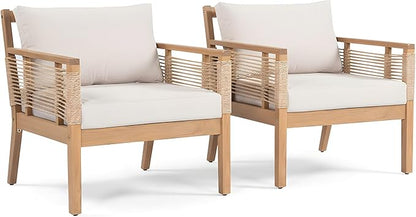 Merax Acacia Wood Patio Club Chairs Set of 2 for Outdoor, Hand-Woven Twist Rope Adirondack Style for Backyard Poolside, Outdoor Chairs with Beige Cushions, 400lbs Capacity, Teak