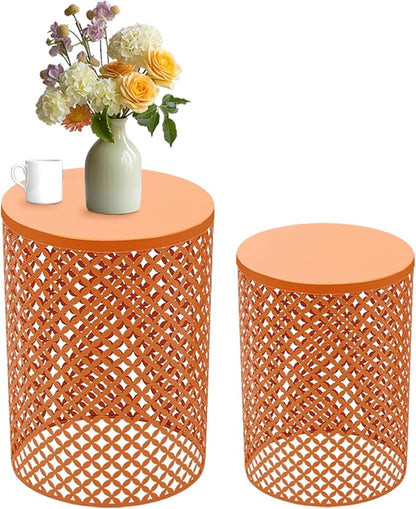 2PCS Outdoor Side Table, Heavy Duty Metal Frame Side Table Decorative Garden Stool Modern End Table Round Coffee Table for Patio Gardens Balconies Cafes (Orange)