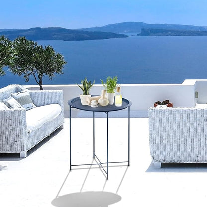 Garden 4 you End Table Metal Side Table Blue Round Folding Tray Cyan Sofa Small Accent Fold-able Table, Round End Table Tray, Next to Sofa Table, Snack Table for Living Room and Bed Room