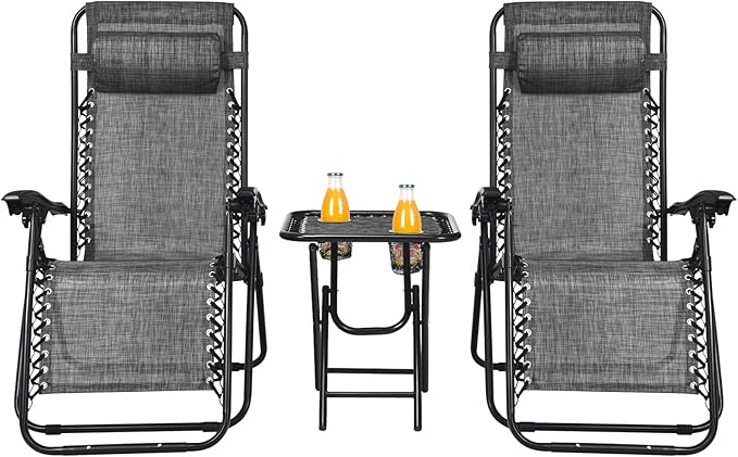HAPPYGRILL Zero Gravity Lounge Chairs Set with Coffee Table, Folding Reclining Chairs with Side Table and Pillow, 3 Pieces Adjustable Patio Lawn Recliner Set for Outdoor Garden Camp Travel