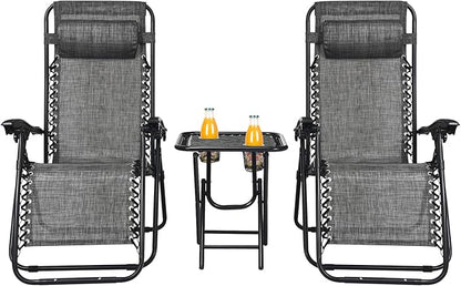 HAPPYGRILL Zero Gravity Lounge Chairs Set with Coffee Table, Folding Reclining Chairs with Side Table and Pillow, 3 Pieces Adjustable Patio Lawn Recliner Set for Outdoor Garden Camp Travel