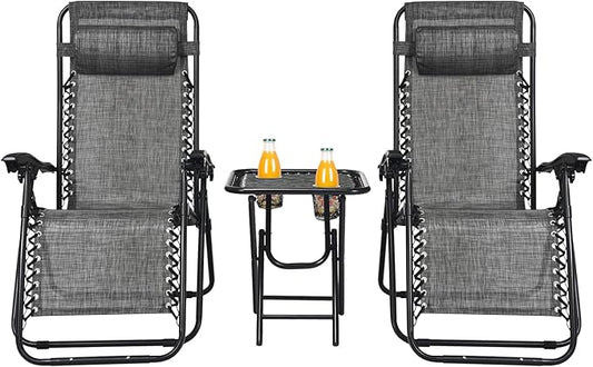 HAPPYGRILL Zero Gravity Lounge Chairs Set with Coffee Table, Folding Reclining Chairs with Side Table and Pillow, 3 Pieces Adjustable Patio Lawn Recliner Set for Outdoor Garden Camp Travel