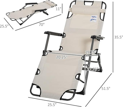 Outsunny Folding Chaise Lounge Chair for Outside, 2-in-1 Tanning Chair with Pillow & Pocket, Adjustable Pool Chair for Beach, Patio, Lawn, Deck, Cream White