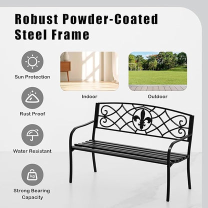 Metal Bench Patio Bench, Outdoor Benches Weatherproof with Floral Backrest, Wrought Iron Garden Benches for Outdoors, Patio, Garden, Park