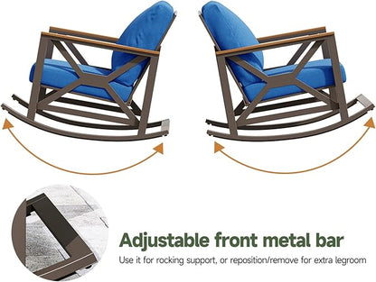 Rocking Bistro Set, 3-Piece Patio Conversation Set, Galvanized Frame Patio Rocking Chairs Set of 2 with Coffee Table and Thickened All-Weather Cushion (Blue)