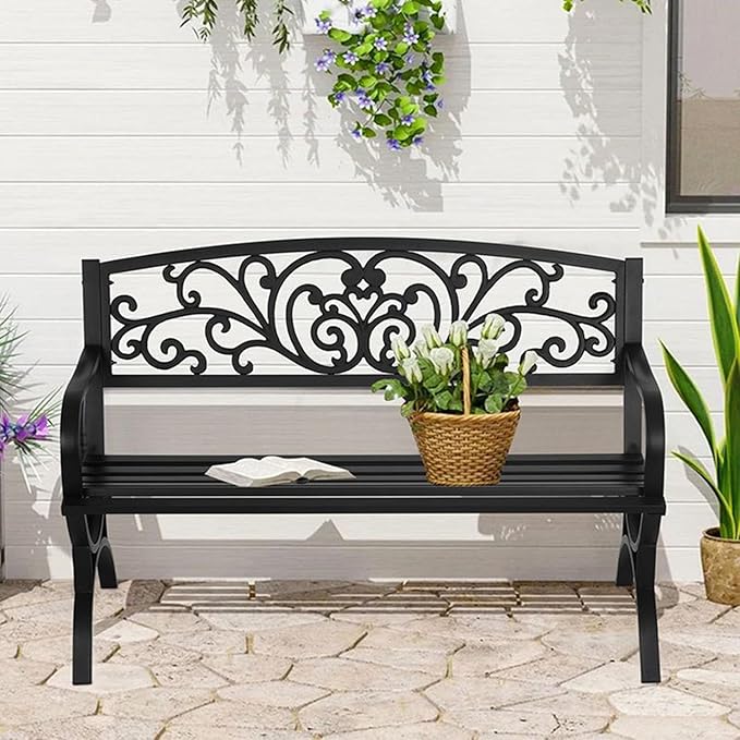 Weatherproof 50" Outdoor Metal Garden Bench for 2, Floral Backrest & Arch Legs, Stylish Patio Seating, Ideal for Lawn, Porch, Park & Backyard Furniture (Black)