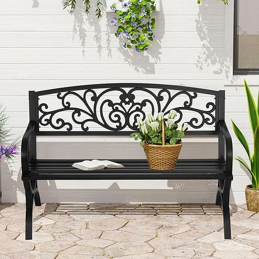 Weatherproof 50" Outdoor Metal Garden Bench for 2, Floral Backrest & Arch Legs, Stylish Patio Seating, Ideal for Lawn, Porch, Park & Backyard Furniture (Black)