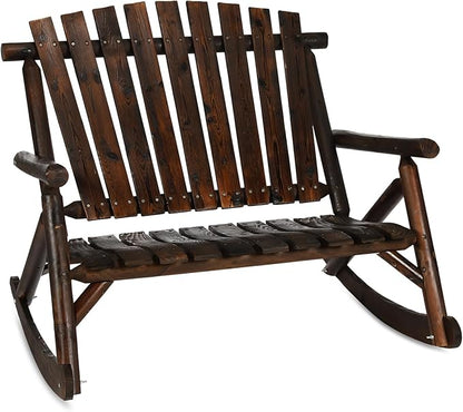 Outdoor Double Wooden Rocking Bench, Adirondack Porch Rocker Chair for 2 Persons, Patio Rustic Log Rocker Loveseat with High Slatted Seat & Backrest for Deck, Backyard, Garden, Carbonized