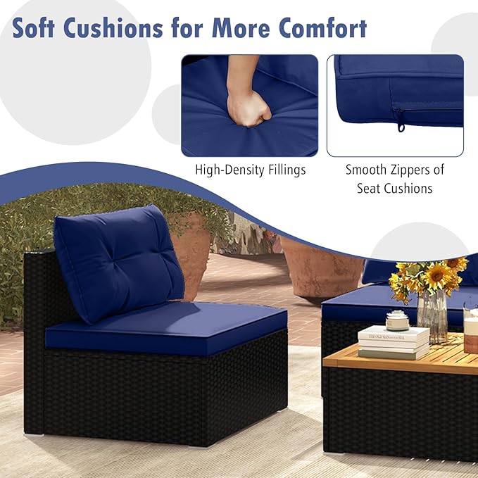 Tangkula 5 Piece Rattan Sofa Set, Outdoor Wicker Furniture Set w/Seat & Back Cushions, Square Coffee Table - Photo 9
