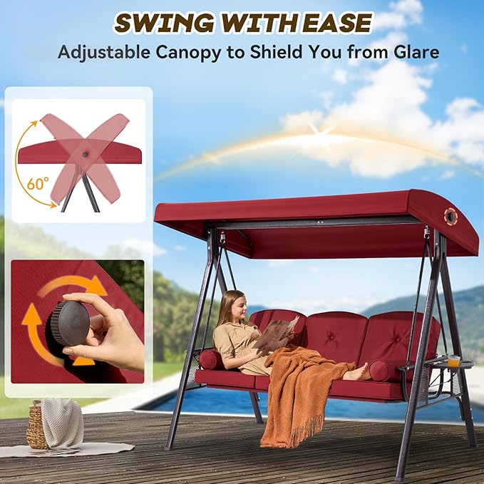 3 in 1 Outdoor Porch Swing with Adjustable Canopy, 3 Seat Outdoor Swing for Adults - Photo 3