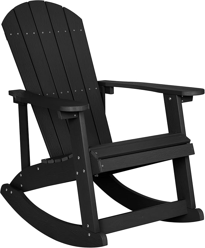 Flash Furniture Set of 2 Savannah Adirondack Rocking Chairs - Commercial Grade All-Weather Black Poly Resin Wood - Photo 9