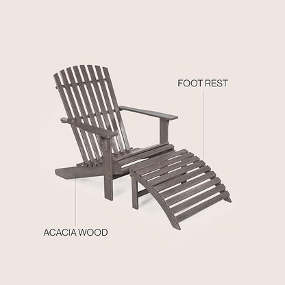Eyely KDA1000B Zalenor 2-Piece Traditional Rustic Acacia Wood Adirondack Chair with Detachable Ottoman, Gray Wash
