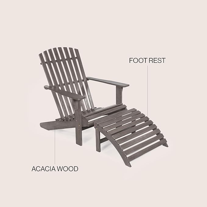 JONATHAN Y ADK1000B Saranac 2-Piece Traditional Rustic Acacia Wood Adirondack Chair with Detachable Ottoman Classic, Coastal, Cottage, Vintage, Farmhouse, Gray Wash