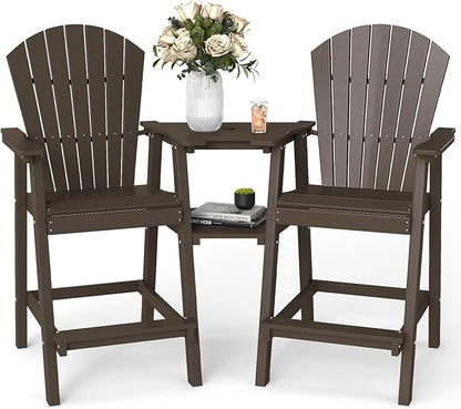 FOOWIN Tall Adirondack Chair Set of 2, All Weather HDPE Bar Height Adirondack Chair with Double Connecting Trays, Adirondack Barstools for Balcony, Deck, Backyard, Patio, Garden Walnut