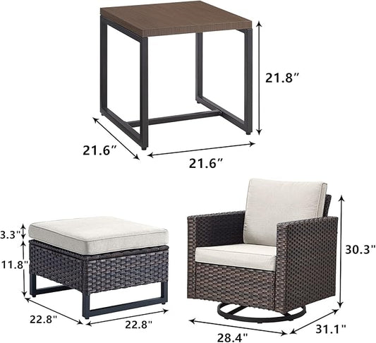 Rilyson Wicker Outdoor Patio Furniture Set - 5 Piece Patio Conversation Set with 2 Swivel Rocker Chairs,2 Rattan Ottoman and 1 Metal Side Table for Outside Porch Deck Backyard Garden(Brown/Beige)