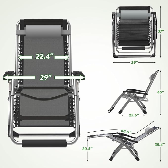 ZENPETIO 29In XL Zero Gravity Chair w/Cushion, Zero Gravity Recliner Lounge Chair for Indoor and Outdoor - Photo 3