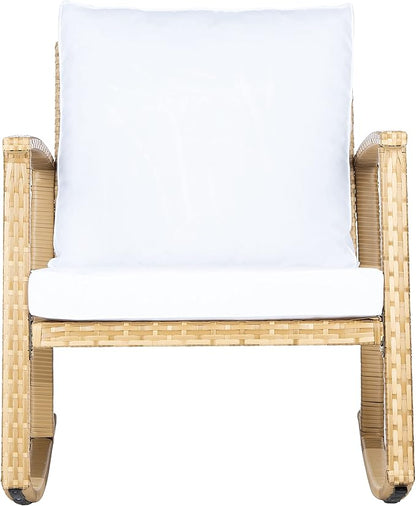 SAFAVIEH Outdoor Collection Daire Woven Natural/White Cushion Rocking Chair for Patio Porch Backyard Sunroom