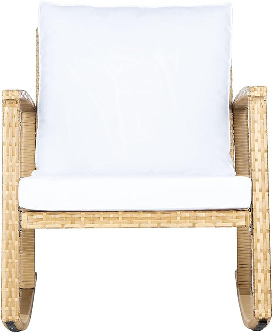 SAFAVIEH Outdoor Collection Daire Woven Natural/White Cushion Rocking Chair for Patio Porch Backyard Sunroom