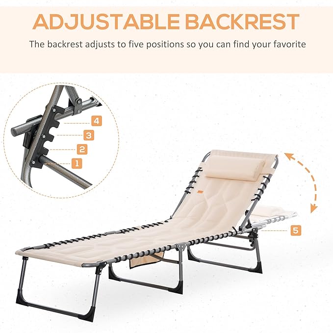 Outsunny Padded Folding Chaise Lounge Chair, Outdoor 6-Level Reclining Camping Tanning Chair with Headrest for Beach, Yard, Patio, Pool, Beige