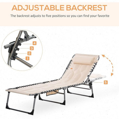 Outsunny Padded Folding Chaise Lounge Chair, Outdoor 6-Level Reclining Camping Tanning Chair with Headrest for Beach, Yard, Patio, Pool, Beige