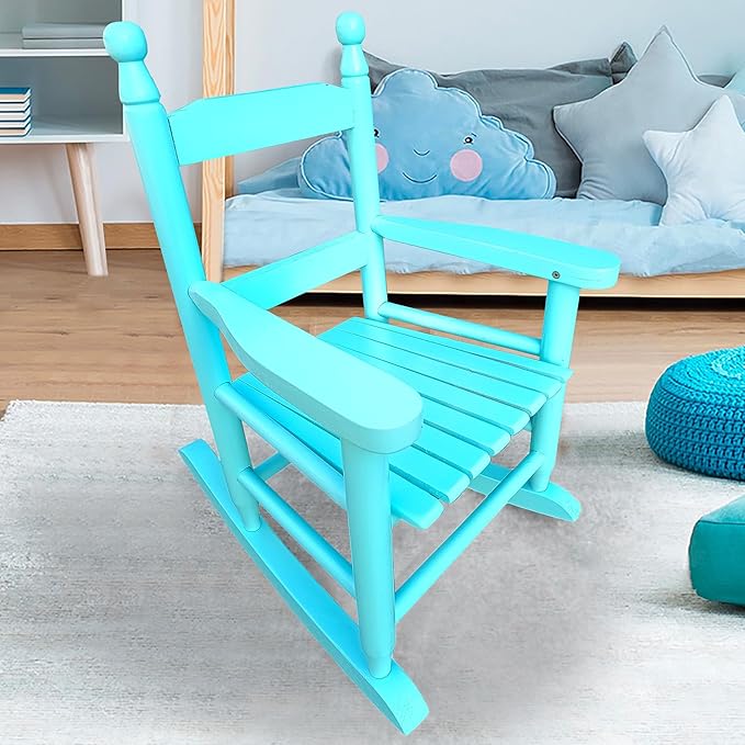 Toddler Rocking Chair for Kids Age 2-5, Hardwood Porch Rocker with Back Support & Armrest for Small Spaces Living Room Outdoor Garden, Easy Assembly (Light Blue)