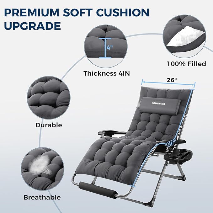 HOMSHADE XXL Zero Gravity Chair with Cushion, 33In Oversized Zero Gravity Lounge Chair, Patio Outdoor Recliner Chair for Indoor Outdoor with Headrest, Cup Holder, Footrest Support 500Lbs, Grey