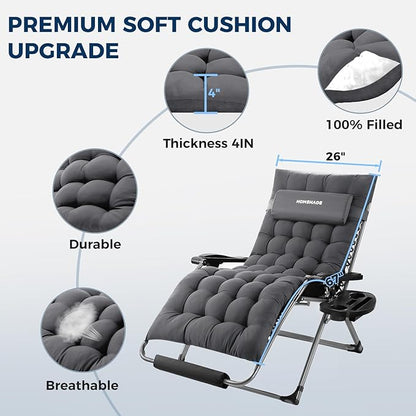 HOMSHADE XXL Zero Gravity Chair with Cushion, 33In Oversized Zero Gravity Lounge Chair, Patio Outdoor Recliner Chair for Indoor Outdoor with Headrest, Cup Holder, Footrest Support 500Lbs, Grey