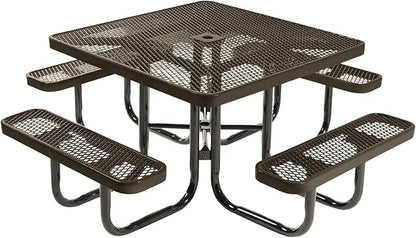 COATEDOUTDOORFURNITURE Heavy-Duty Portable Outdoor Picnic Table with Umbrella Hole, Expanded Metal Commercial-Grade Patio Dining Furniture Made in America (46" Square Top, Textured Brown)