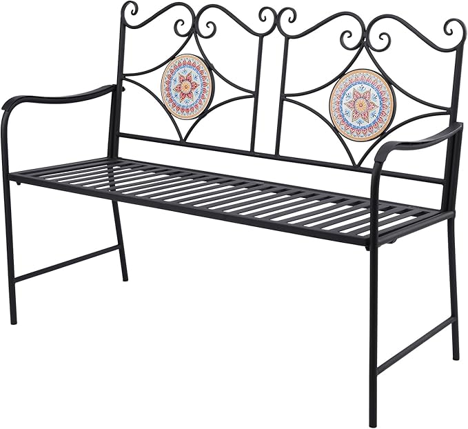 Vipush Outdoor Mosaic Benches - 47Inch Cast Iron Steel Frame Garden Bench Patio Furniture Chair Outdoor Bench Floral Design Backrest, Slatted Seat for Park, Yard & Porch