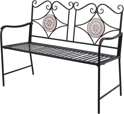 Vipush Outdoor Mosaic Benches - 47Inch Cast Iron Steel Frame Garden Bench Patio Furniture Chair Outdoor Bench Floral Design Backrest, Slatted Seat for Park, Yard & Porch