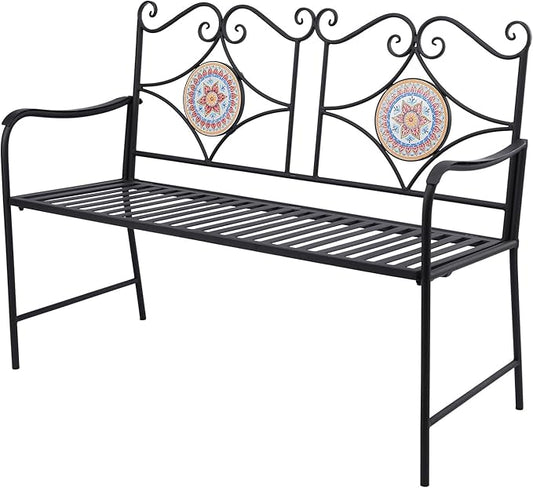 Vipush Outdoor Mosaic Benches - 47Inch Cast Iron Steel Frame Garden Bench Patio Furniture Chair Outdoor Bench Floral Design Backrest, Slatted Seat for Park, Yard & Porch